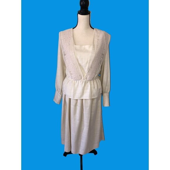 Vintage Dresses & Skirts - Vintage Set Top Skirt Size S Cream Lace Long Sleeve 80"s Cottagecore Modest USA